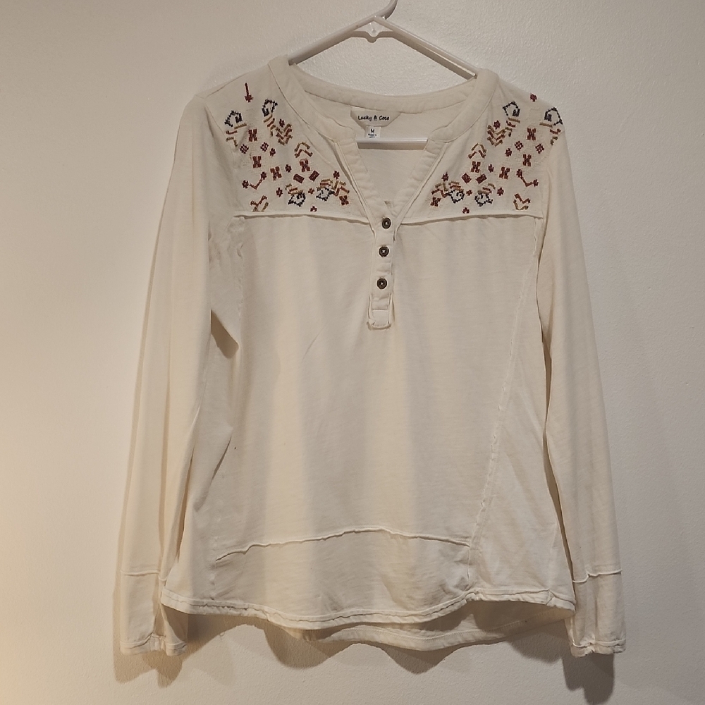 Lucky Brand Cream Long Sleeve Embellished Blouse